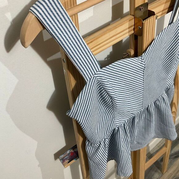 Monteau Los Angeles, navy blue and white striped peplum top, size large - Picture 3 of 7